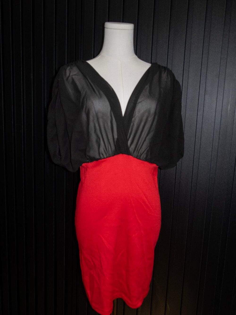 Colorblock Deep V Plunge Puff Sleeve Bodycon Mini Dress Black Red